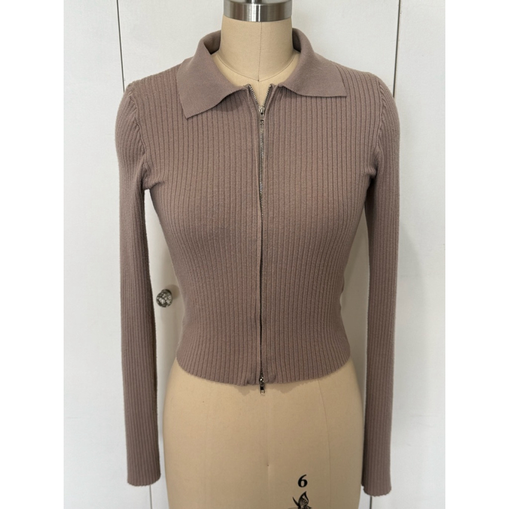 SHEIN Brown Ribbed Knit Zip Up Cardigan Size small (see photos measurements)
